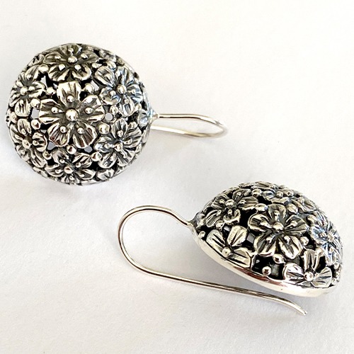 Sterling silver flower pattern ball dome earrings 30mm long
