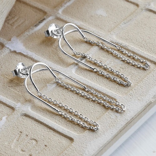 Sterling silver double chain hanging stud earrings
