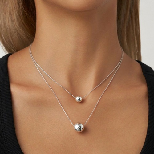 Sterling silver double layer dainty ball necklace