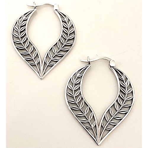 Sterling silver leaf design medium hoop earrings