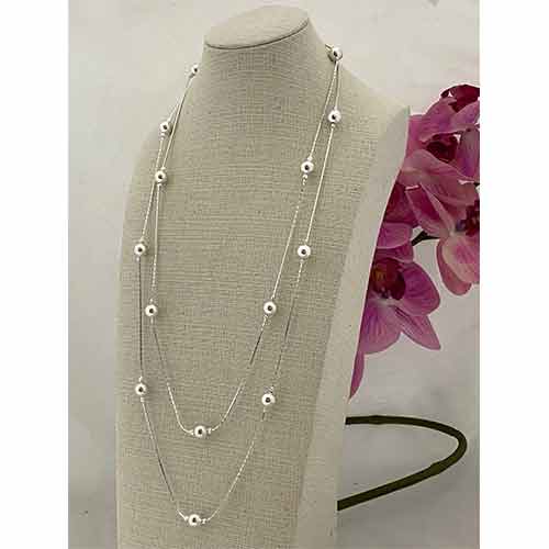 Sterling silver long double wrap ball necklace