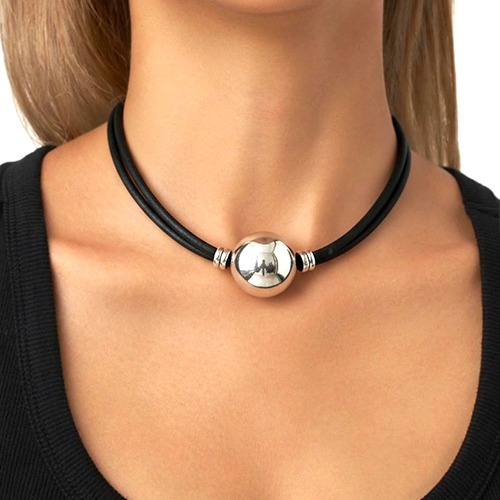 Sterling silver bold ball on black cord necklace
