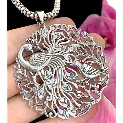 Sterling silver Large silver Peacock design pendant 70mm size