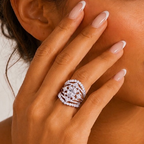 Sterling silver Ella diamond shape cubic zirconia band ring 25mm wide