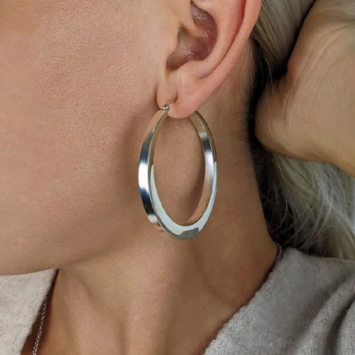 Sterling silver modern edged clip hoop earrings 40mm or 60mm size