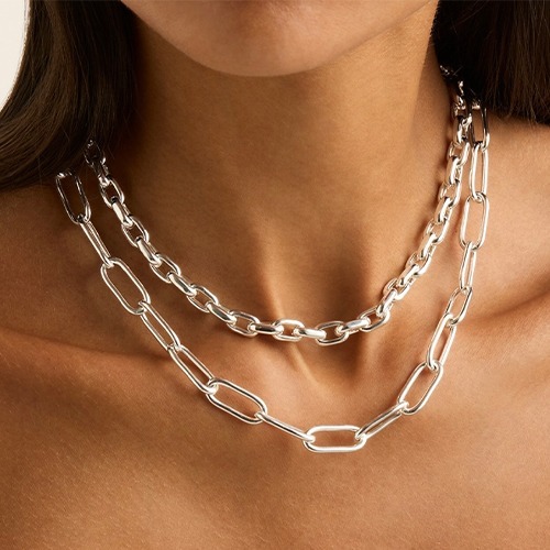 Modern layered sterling silver oval belcher and paperclip necklace