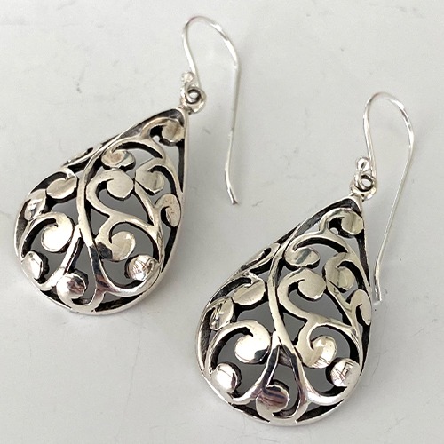 Sterling silver classic fillagree pattern teardrop earrings 40mm long