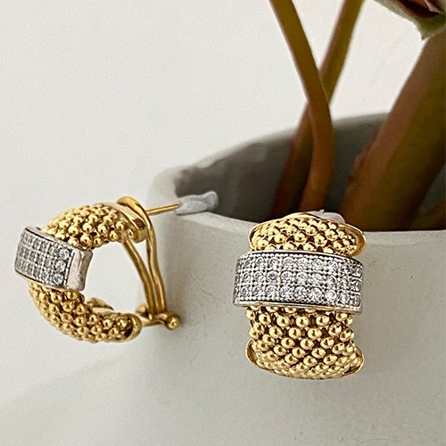 Sterling silver Gold plated Italian ball pattern cubic zirconia earrings 15mm size