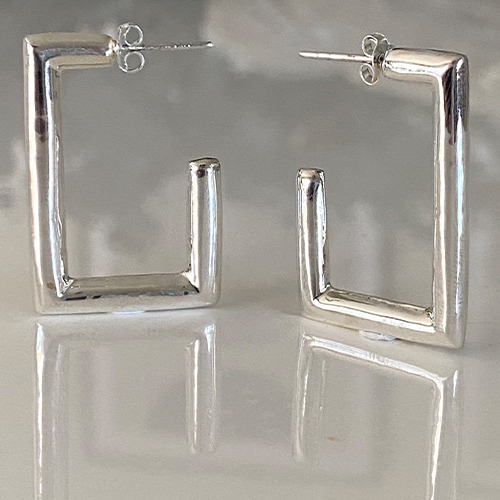 Sterling silver medium rectangular shape stud hoop earrings 30mm size