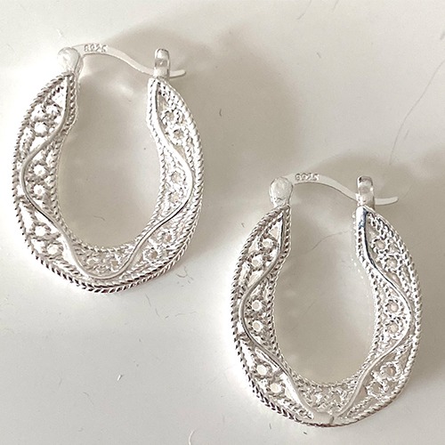 Sterling silver lace design oval hoop earrings 25mm size