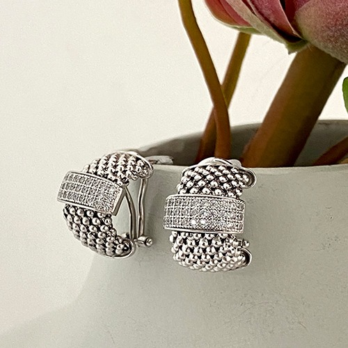 Sterling silver Italian ball pattern cubic zirconia earrings 15mm size
