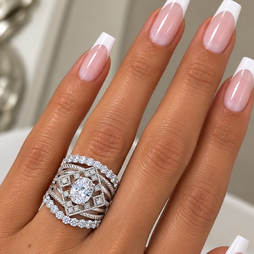 Sterling silver Esme design diamond shape cubic zirconia bulky band ring 25mm wide