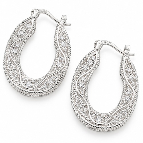 Sterling silver lace design oval hoop earrings 25mm size