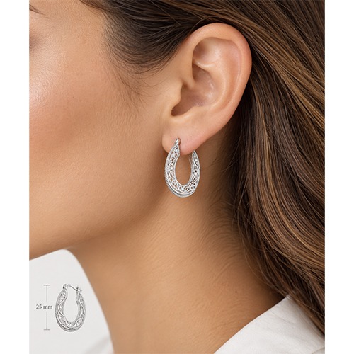Sterling silver lace design oval hoop earrings 25mm size - Image 2