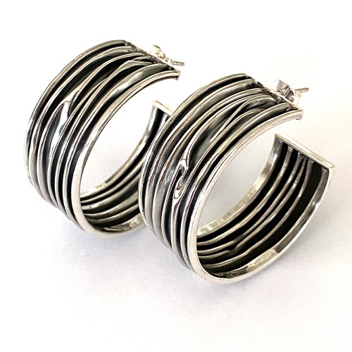 Sterling silver Margella design bulky oxidized textured stud hoop earrings 35mm size