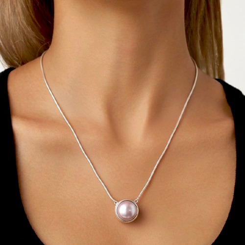 Sterling silver floating pink mabe pearl necklace