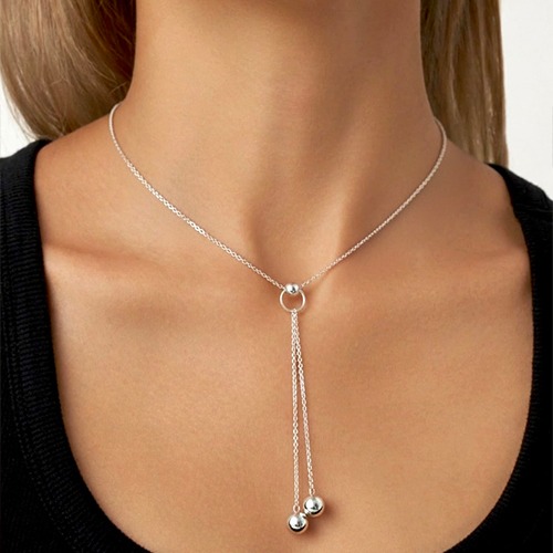 Sterling silver double ball drop down design necklace