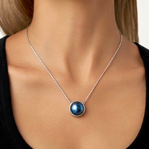 Sterling silver floating blue mabe pearl necklace
