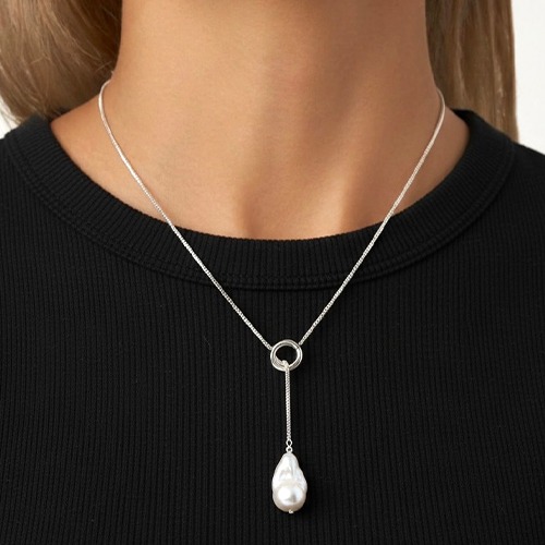 Sterling silver baroque pearl drop down design necklace