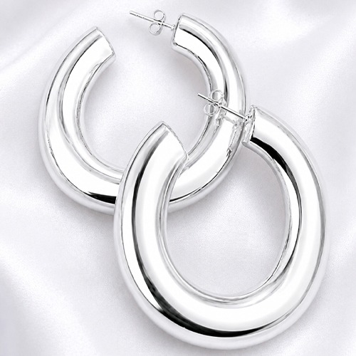 Sterling silver bold bulky stud hoop oval shape earrings 50mm size