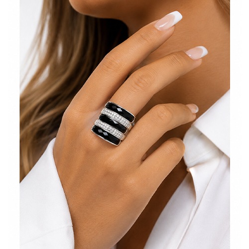 Sterling silver Liv design modern black cubic zirconia panel band ring 18mm wide - Image 3