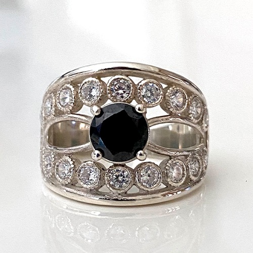 Sterling silver Emma black cubic zirconia band ring 17mm wide - Image 2
