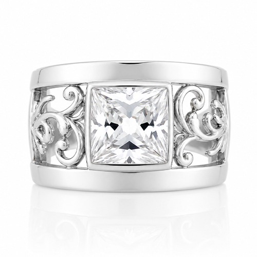 Sterling silver Julia design fillagree pattern square cubic zirconia band ring 15mm wide