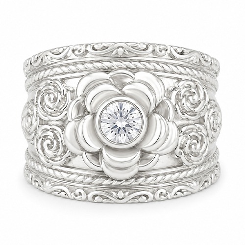 Sterling silver Elle design floral rose pattern cubic zirconia band ring 17mm wide