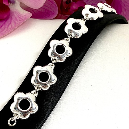 Sterling silver daisy flower medium link bracelet 20mm wide