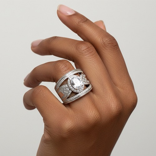 Sterling silver oval antique vintage band ring 17mm wide