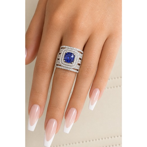Sterling silver Diana design blue tanzanite cubic zirconia wide ring 20mm wide - Image 4