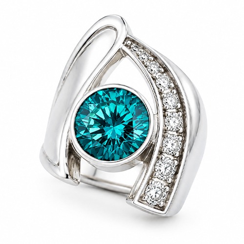 Sterling silver Angelique design unique shape aquamarine blue cubic zirconia band ring 22mm wide