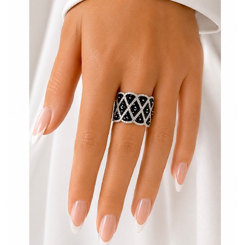 Sterling silver Angelica design Black & White cubic zirconia diamond pattern band ring 17mm wide - Image 4