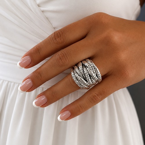 Sterling silver bulky wide textured rope pattern ring 22mm wide