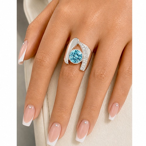 Sterling silver Angelique design unique shape aquamarine blue cubic zirconia band ring 22mm wide - Image 2