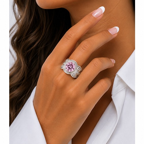 Sterling silver Clan design antique pink cubic zirconia band ring 16mm wide - Image 3