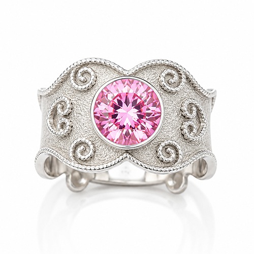 Sterling silver Clan design antique pink cubic zirconia band ring 16mm wide - Image 4