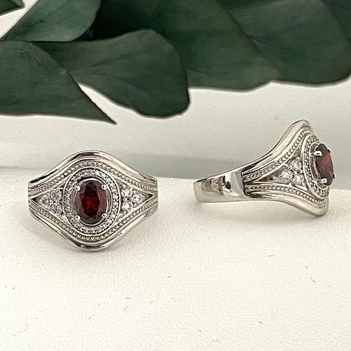 Sterling silver vintage oval halo red cubic zirconia band ring 16mm wide