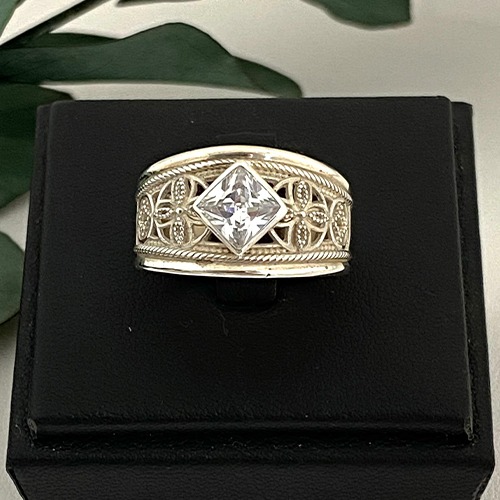Sterling silver diamond shape intricate cubic zirconia band ring 13mm wide - Image 3