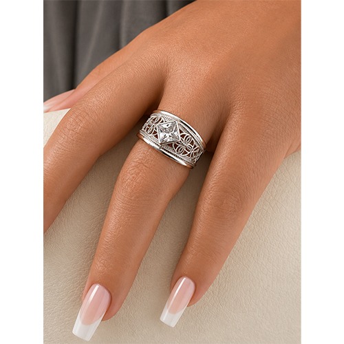 Sterling silver Elora design diamond shape intricate cubic zirconia band ring 13mm wide - Image 2