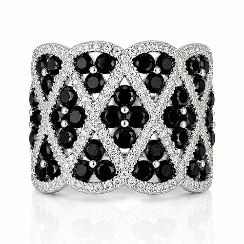 Sterling silver Angelica design Black & White cubic zirconia diamond pattern band ring 17mm wide