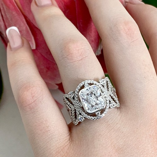 Sterling silver detailed rectangular design cubic zirconia ring 16mm wide