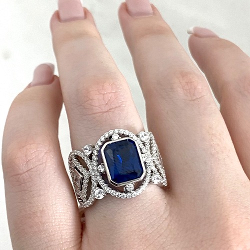 Sterling silver detailed rectangular design blue tanzanite cubic zirconia ring 16mm wide