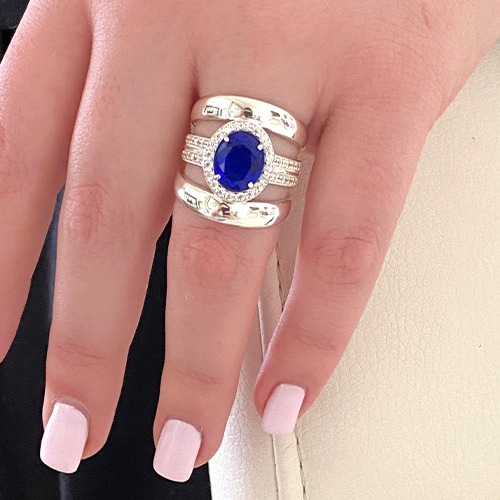 Sterling silver Ava design blue tanzanite oval cubic zirconia wide band ring 22mm wide