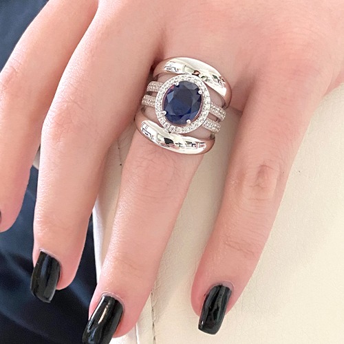 Sterling silver Ava design midnight blue oval cubic zirconia wide band ring 22mm wide