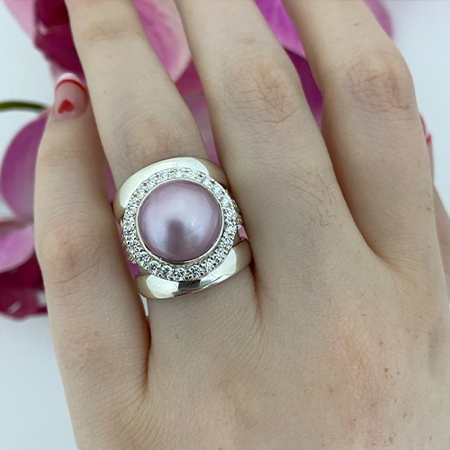 Sterling silver Ava design pink mabe pearl cubic zirconia wide ring 25mm wide