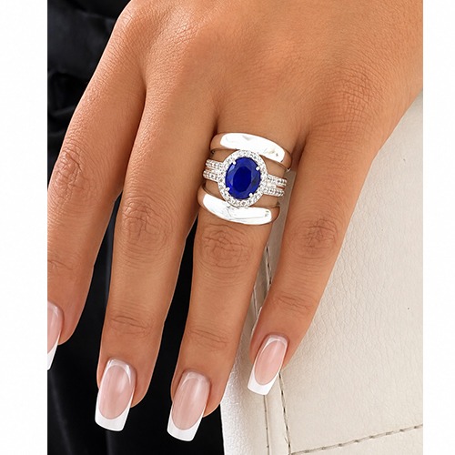 Sterling silver Ava design blue tanzanite oval cubic zirconia bulky band ring 22mm wide - Image 3