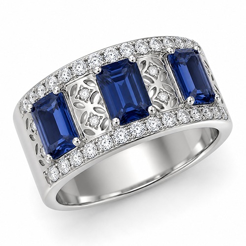 Sterling silver Claudia design blue tanzanite triple rectangular cubic zirconia band ring 10mm wide