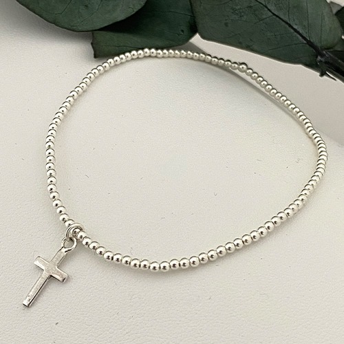 Sterling silver cross charm ball elastic bracelet - Image 3