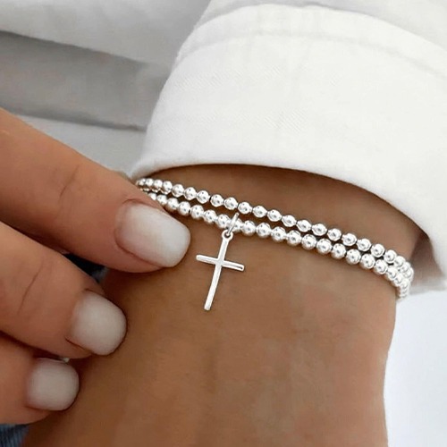 Sterling silver cross charm ball elastic bracelet - Image 4